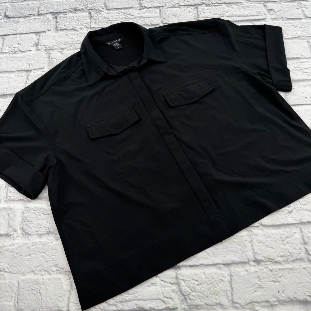 Athleta Hike Packable Top Womens Large Black Short Sleeve Button Up Shirt